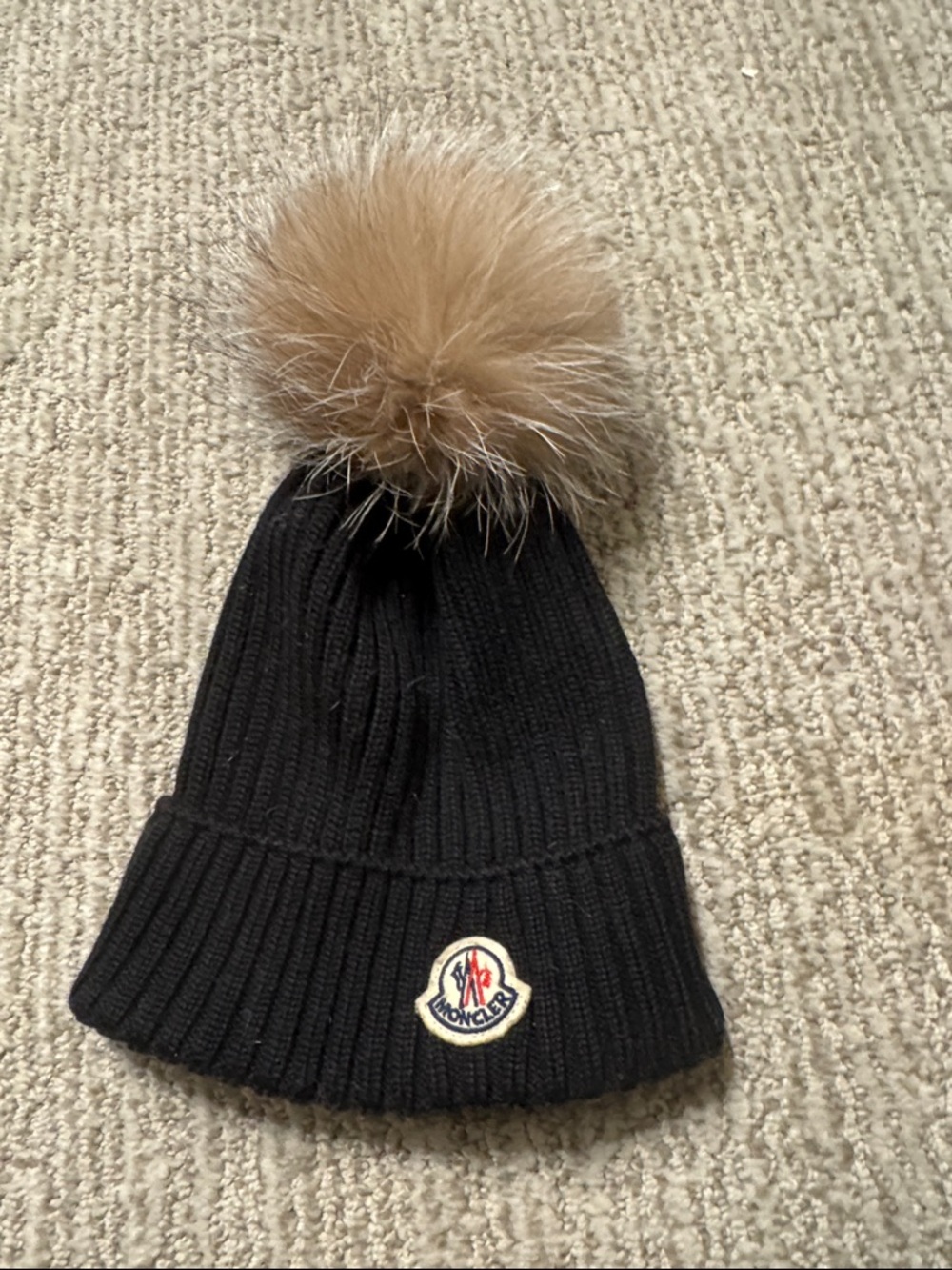 Moncler Kids Black Knit Beanie with fur Tan Pom